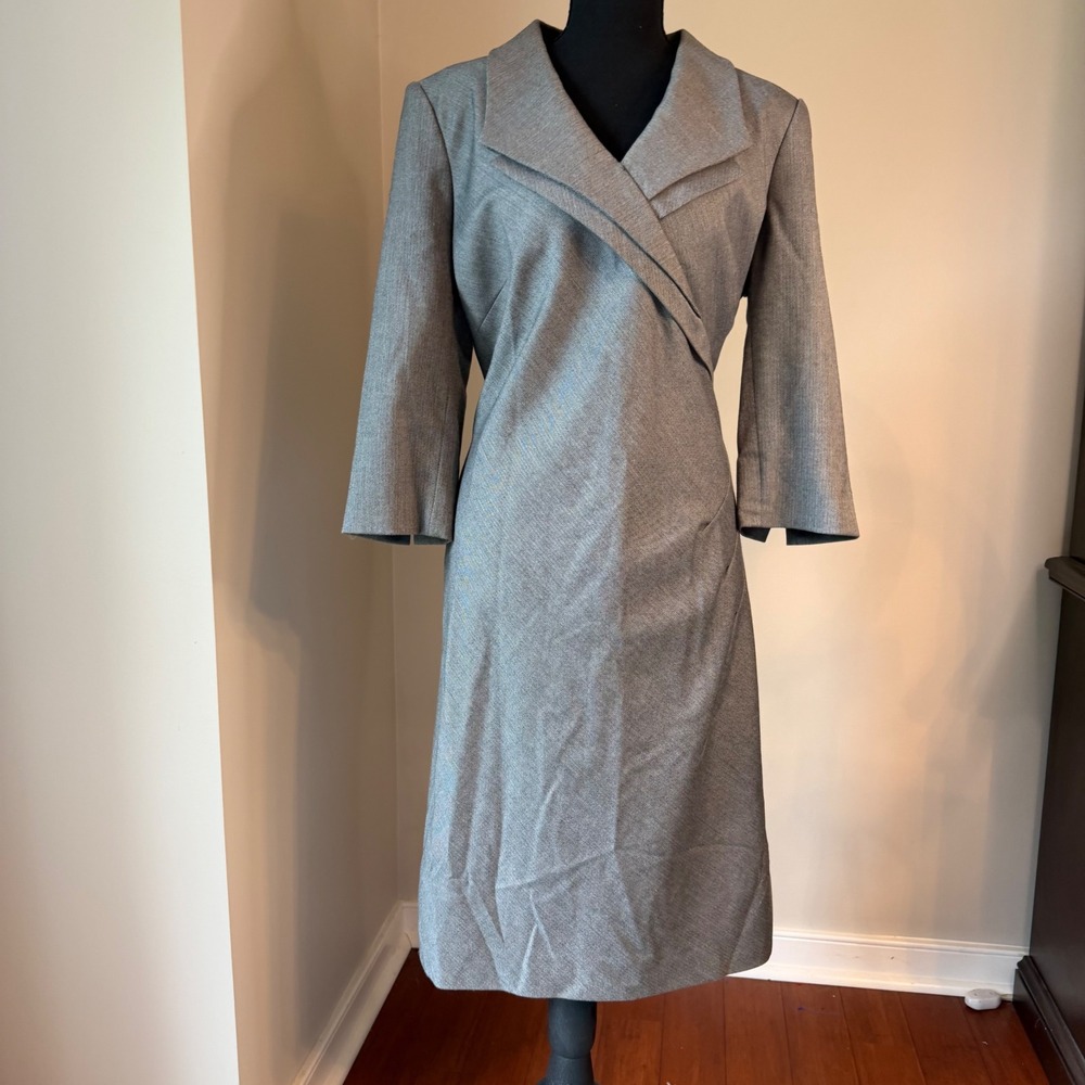 Tahari Arthur S. Levine Sheath Dress Women 12 Gray Faux Wrap Collar 3/4 Sleeve